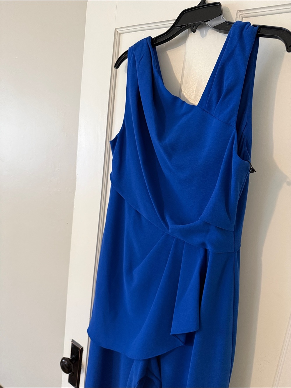 Adrianna Papell Neptune Blue Asymmetrical Crepe Jumpsuit - Picture 5 of 6
